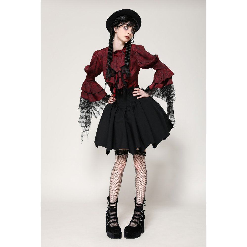 Dark in Love Vampiretta Red Distressed-Effect Frilly Blouse