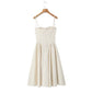 Vireous Ivory Square-Neck Steel Ring Bodice Fitted-Waist Pleated Dress