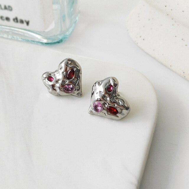 Irregular Heart Colourful Zircon Stud Earrings