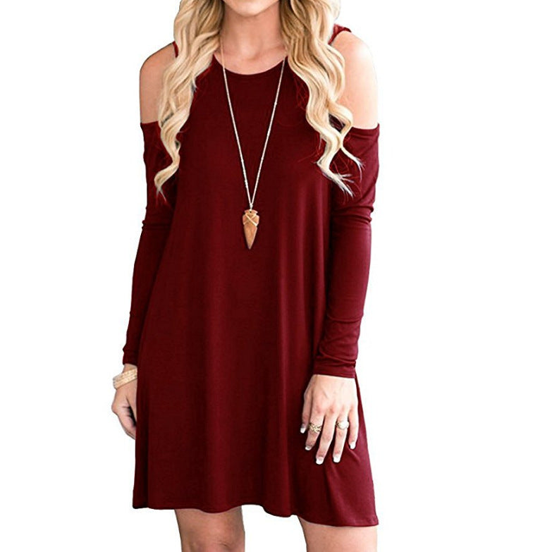 Vireous Solid Colour Off-the-Shoulder Long Sleeve Dress