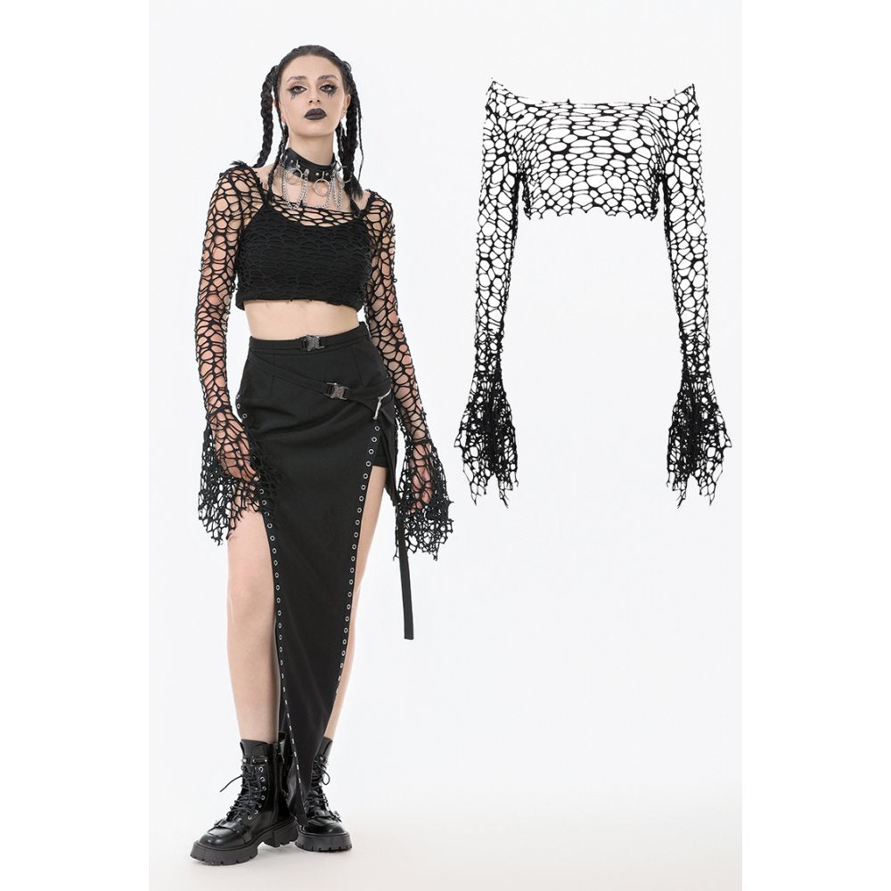 Dark in Love Morana Mesh Crochet-Knit Bell Sleeve Crop Top