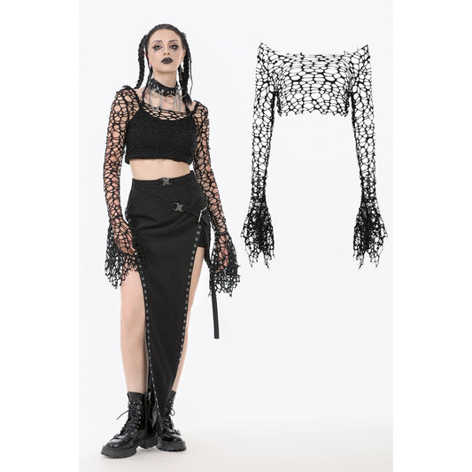 Dark in Love Morana Mesh Crochet-Knit Bell Sleeve Crop Top