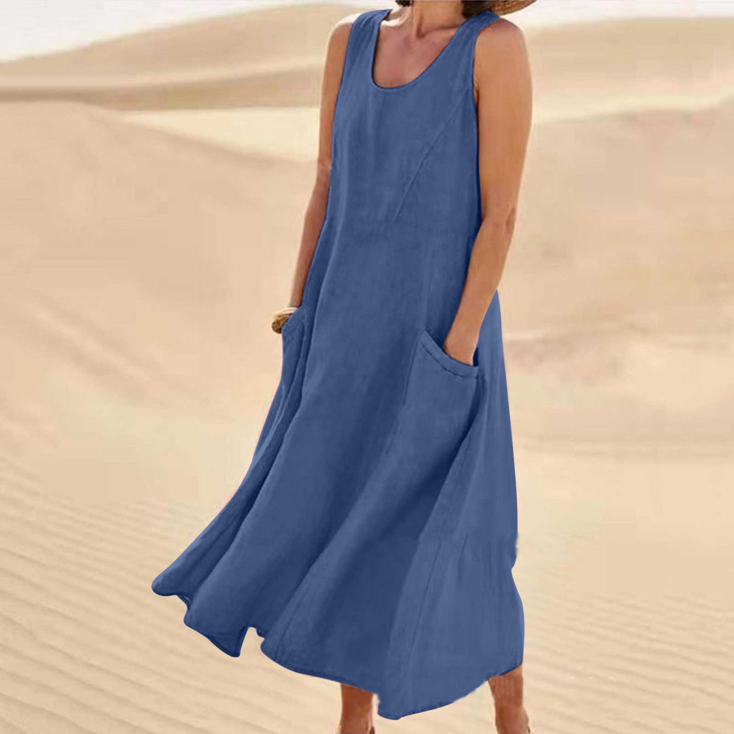 Summer Sleeveless Long Smock Dress with Pockets, Plus Sizes