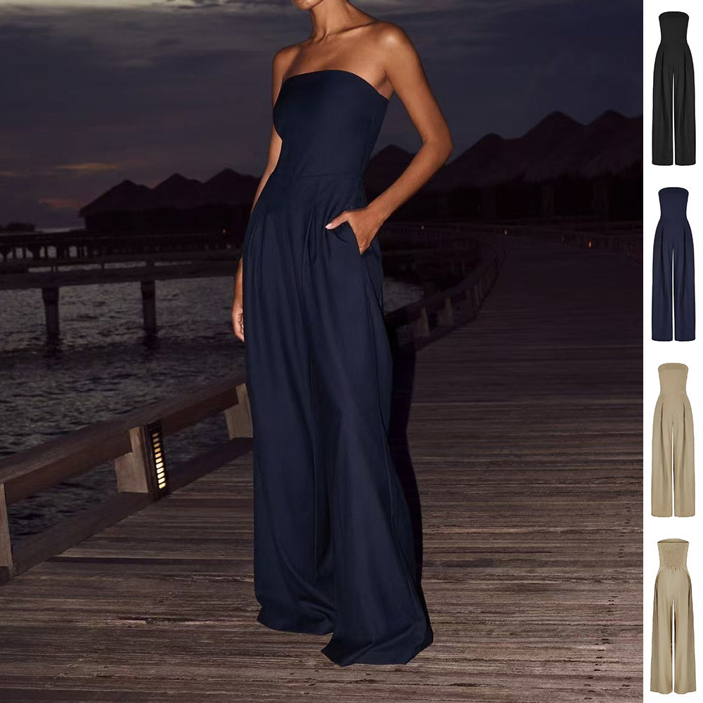 Loose Tube-Top Jumpsuit, Fashion Backless Rompers, Wide-Leg Long Pants