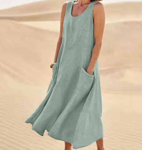 Summer Sleeveless Long Smock Dress with Pockets, Plus Sizes