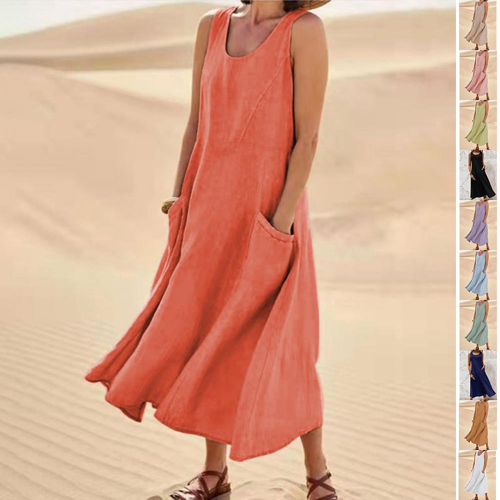 Summer Sleeveless Long Smock Dress with Pockets, Plus Sizes
