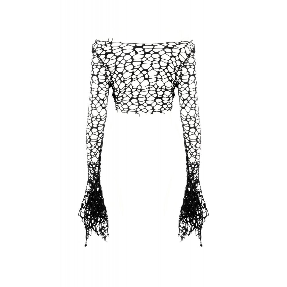Dark in Love Morana Mesh Crochet-Knit Bell Sleeve Crop Top