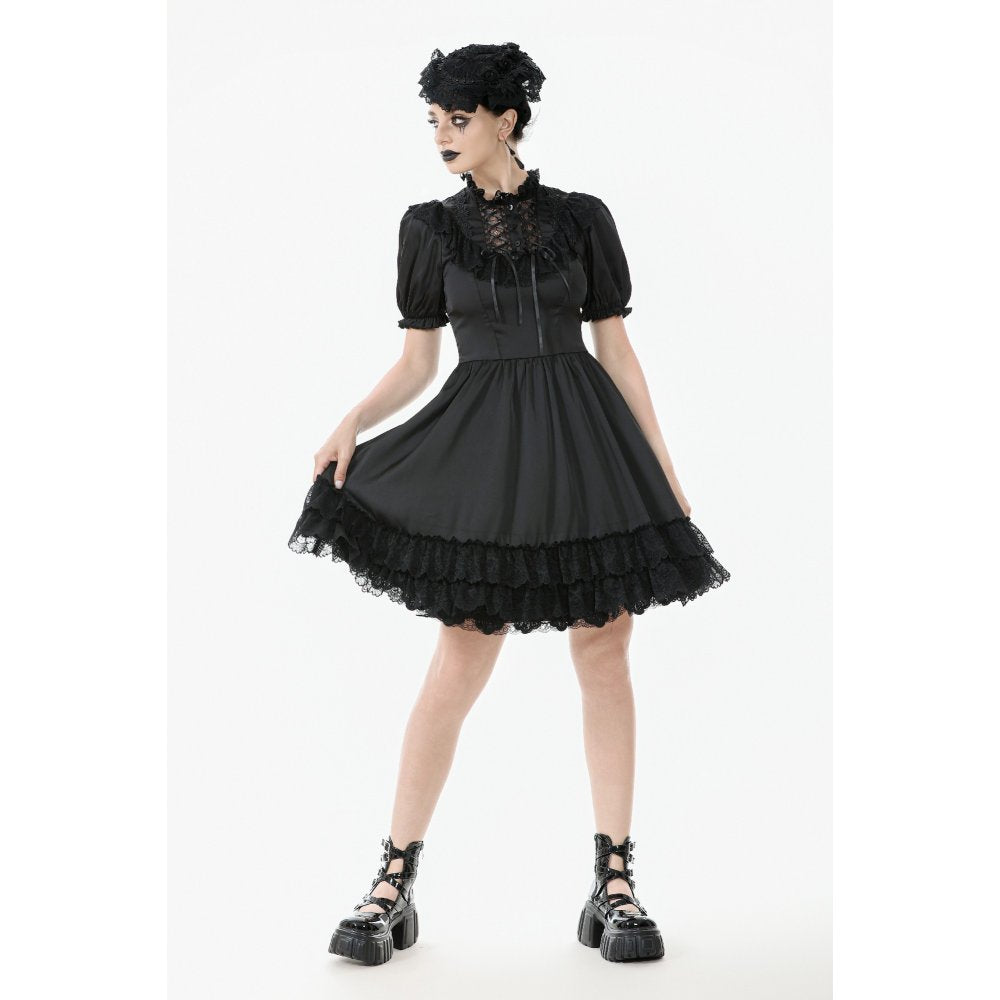 Dark in Love Belladonna Lace-Up High Collar Puff Sleeve Goth Dress, Plus Sizes