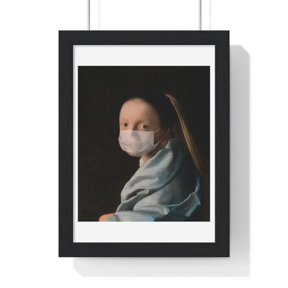 Johannes Vermeer's Young Woman Wearing a Face Mask During Coronavirus Pandemic, Remix, Framed Art Print