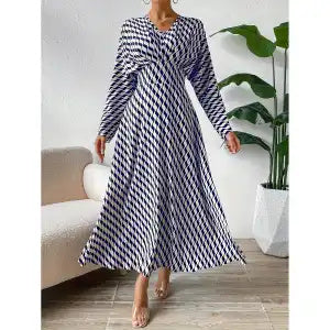 Vireous Geometric Print Long-Sleeve Cinched-Waist Elegant Dress