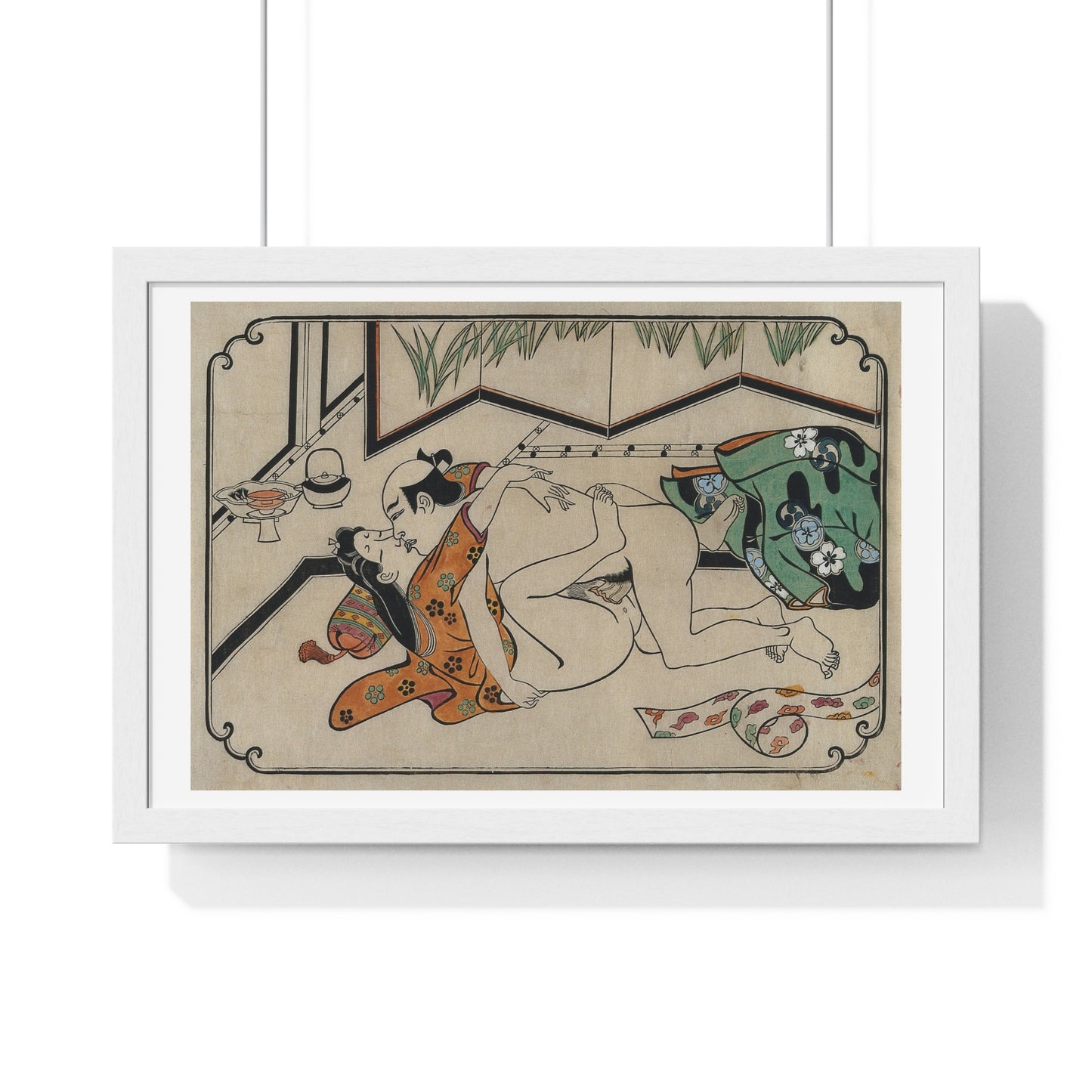 Middle-Aged Couple Making Love, Coloured Reproduction of a Woodcut by Moronobu (1680s) Framed Art Print