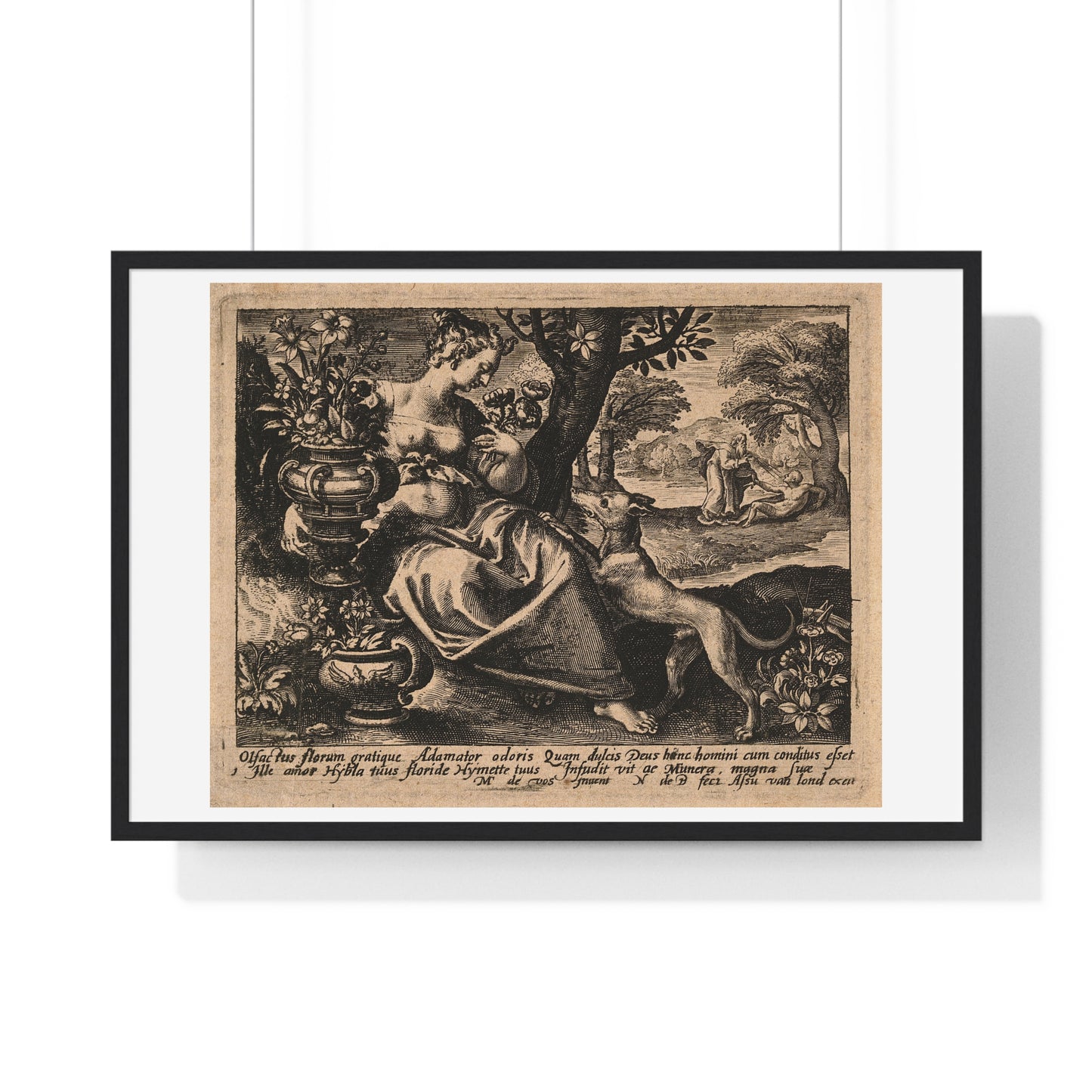Woman in a Garden with Flowers, God Blows Spirit into Adam's Body, Reproduction Flemish Engraving, Framed Art Print