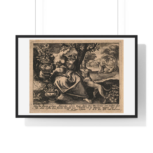 Woman in a Garden with Flowers, God Blows Spirit into Adam's Body, Reproduction Flemish Engraving, Framed Art Print