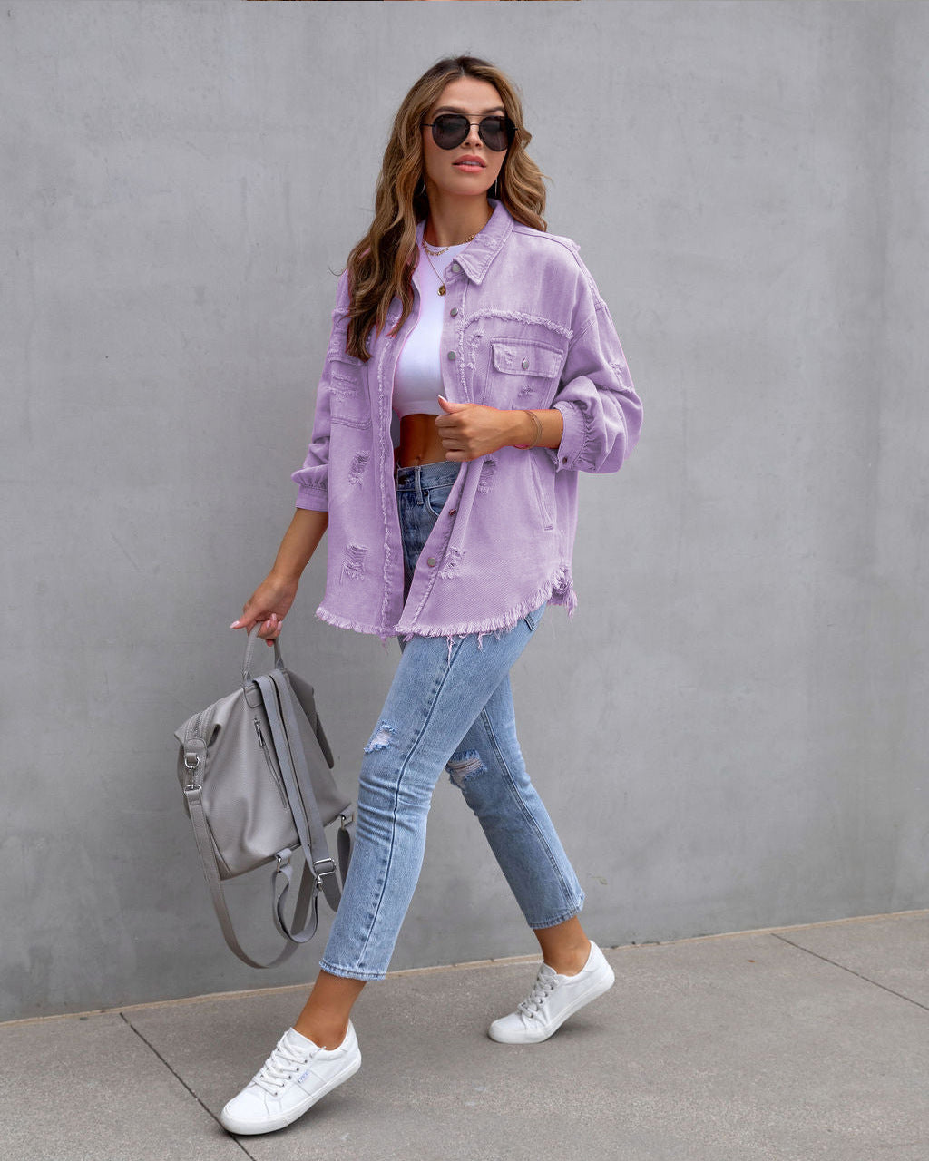 Vireous Women's Ripped Shirt Jacket Pastel Colours