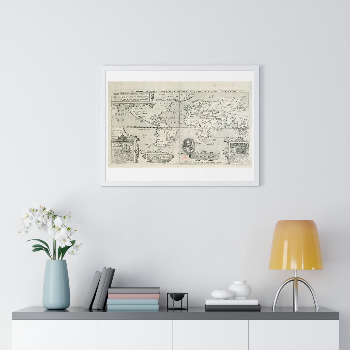 Francis Drake's World Voyage, Tudor Antique Map (circa 1581) from the Original, Framed Print