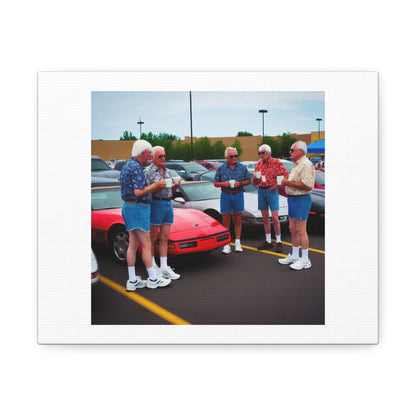 Typical Group of Prior Model Year Corvette Owners at Walmart On a Weekend 'Designed by AI' Art Print on Canvas