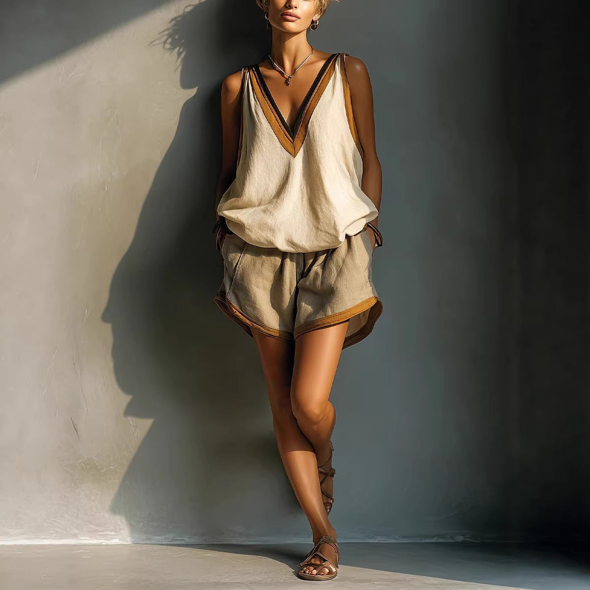 Vireous Fashion Halter Top and Shorts Set in Shimmering Beige, Plus Sizes