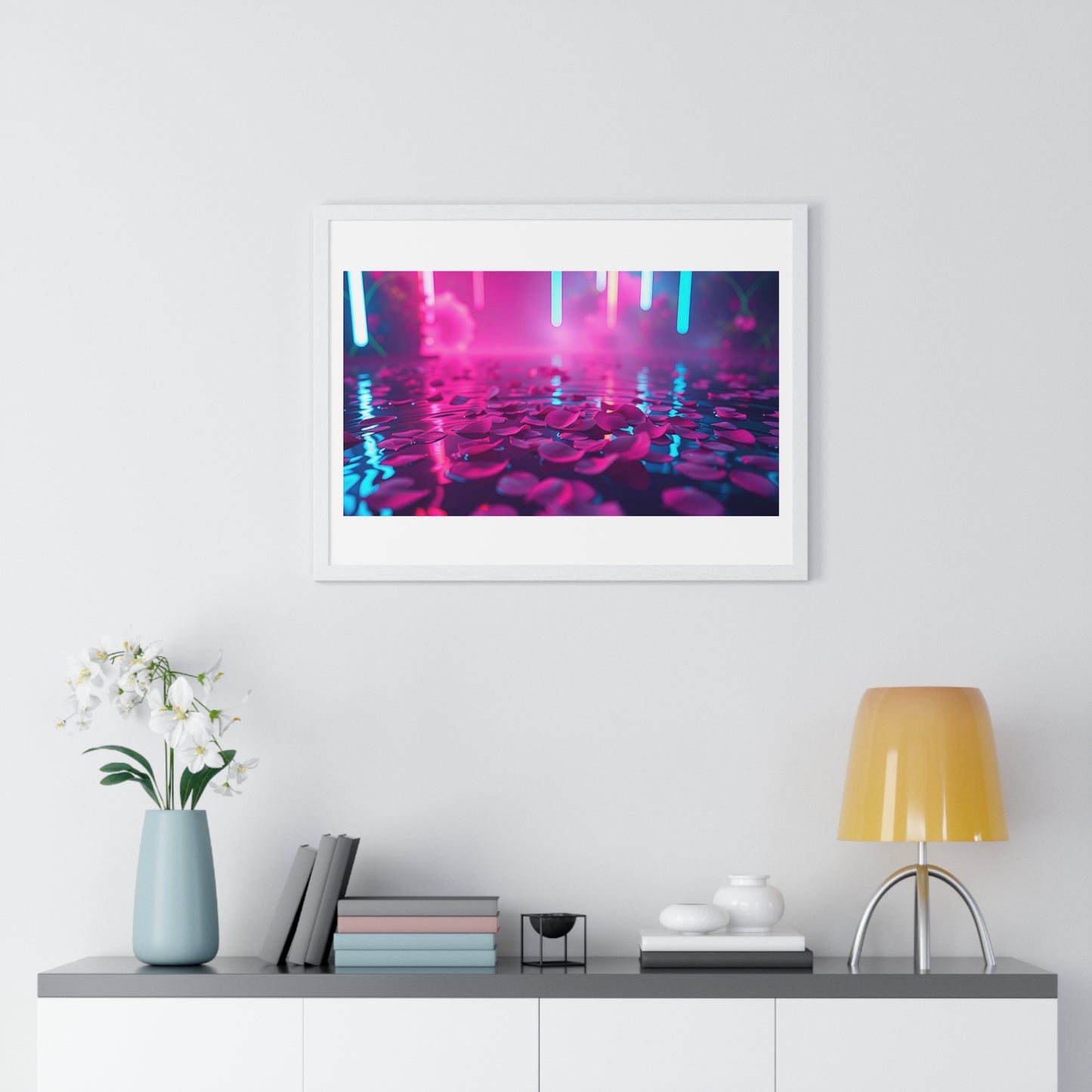 Petals on the Water, Pink Vibrant Art 'Designed by AI' Framed Print