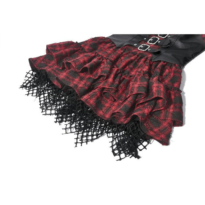 Dark in Love Red-Black Plaid Leather-Layered Punk Sweetcore Dress
