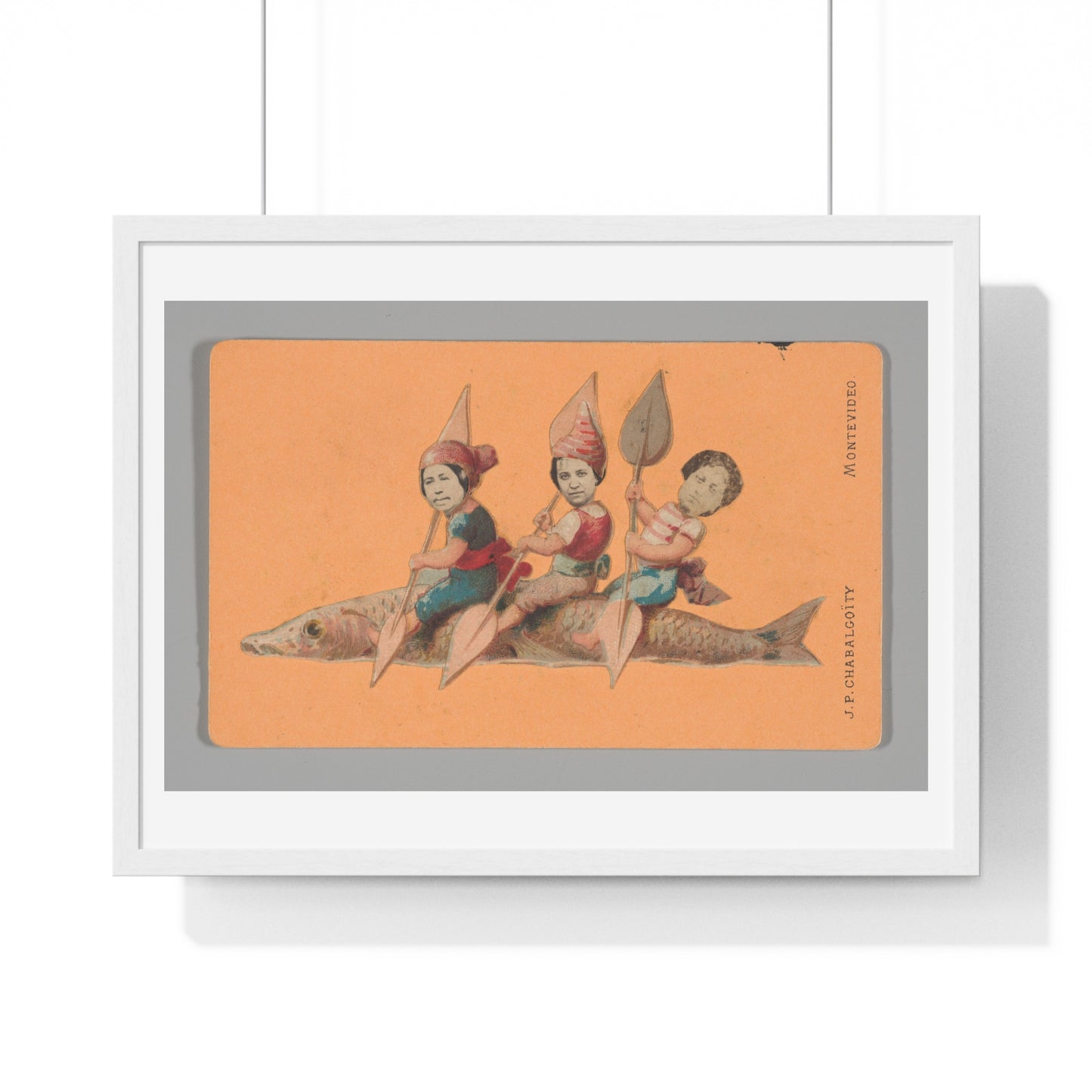 Uruguayan Photo Collage, Three People Holding Oars, Sitting on a Large Fish (circa 1875) Framed Art Print