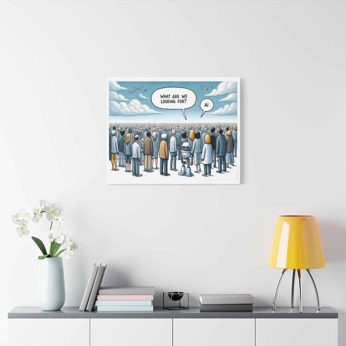Looking for the Benefits of AI, Cartoon Art 'Designed by AI' Print on Canvas