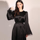 Vireous Round Neck Feather Cuff Elegant Satin Long Dress