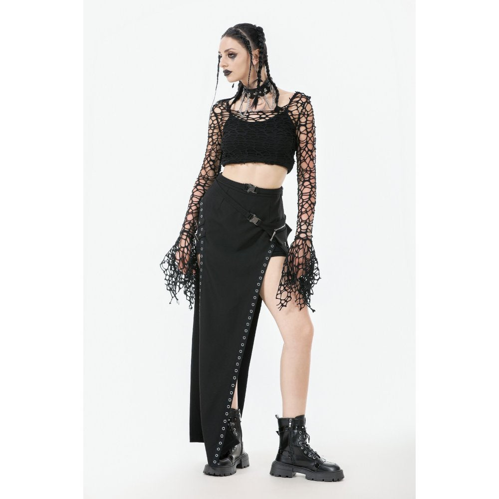 Dark in Love Morana Mesh Crochet-Knit Bell Sleeve Crop Top