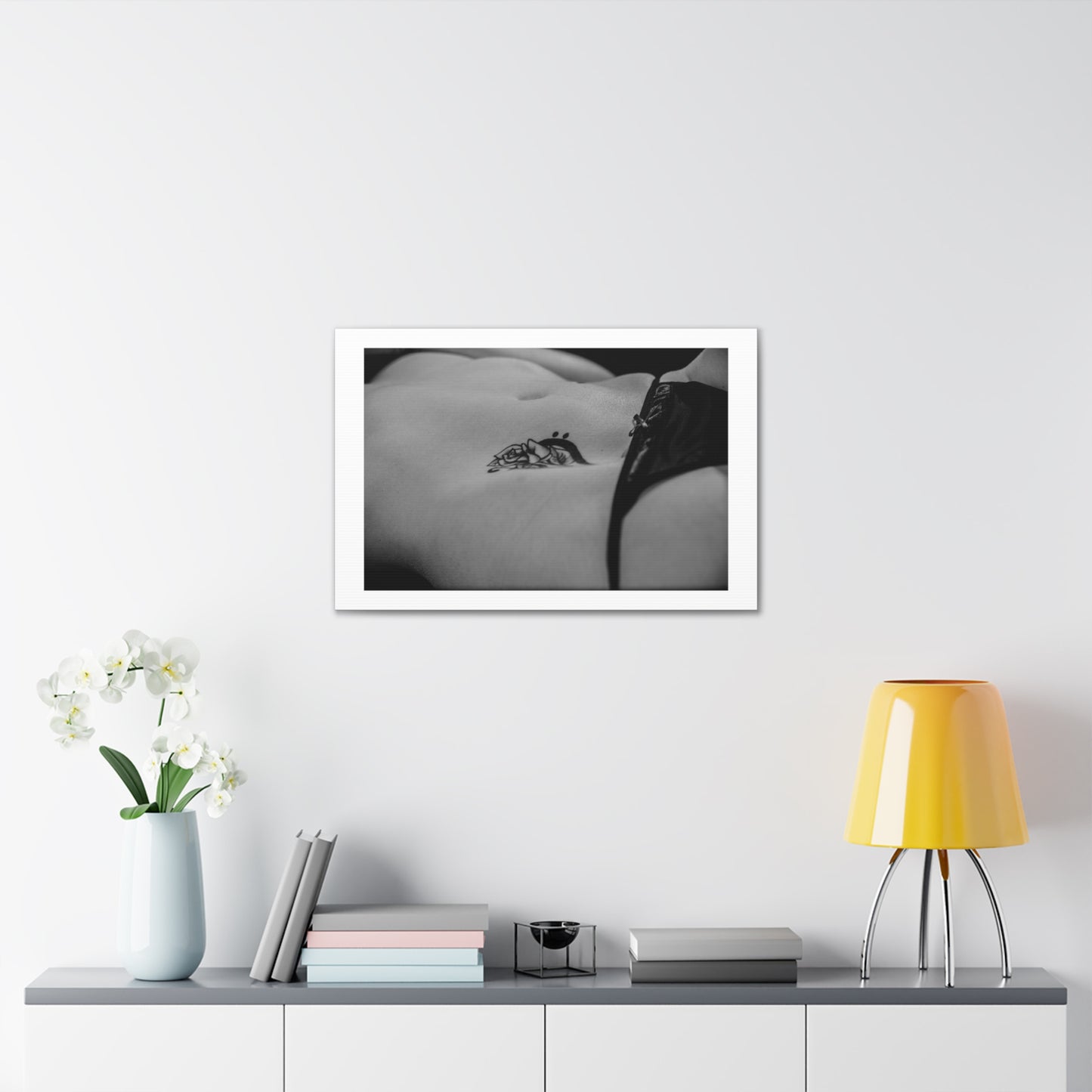 Rose Tattoo on Belly Black & White Photographic Art Print on Satin Canvas