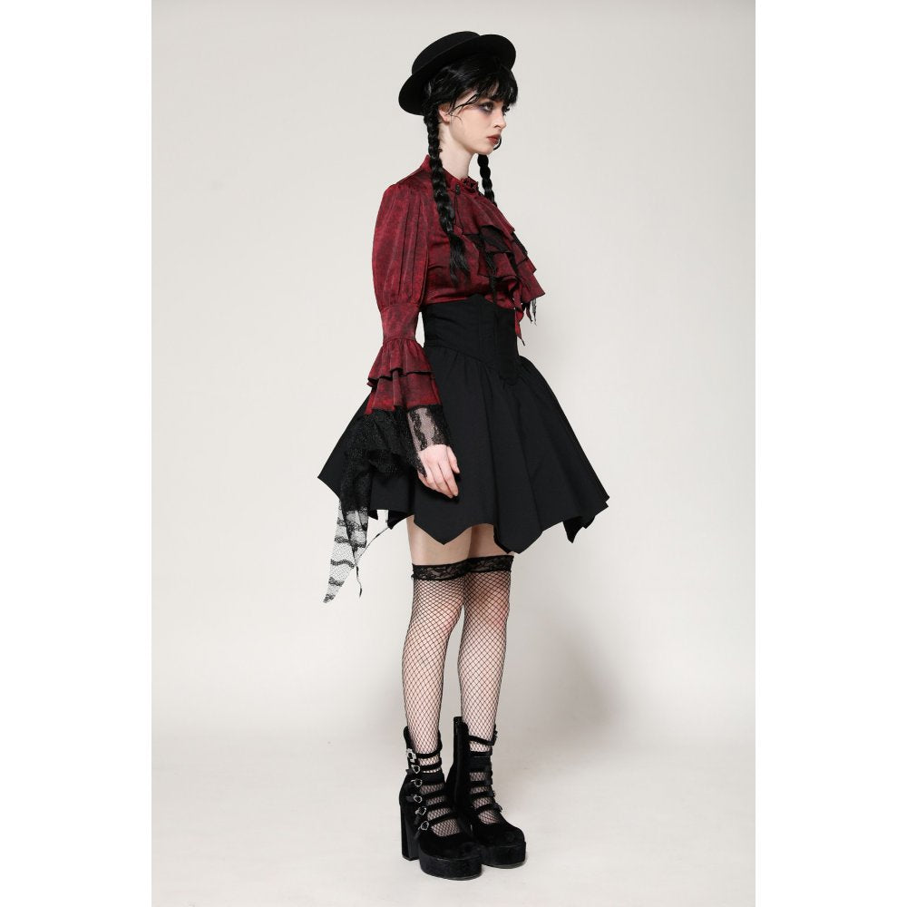 Dark in Love Vampiretta Red Distressed-Effect Frilly Blouse