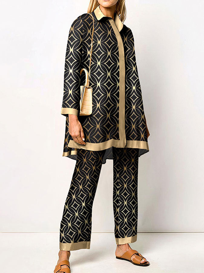 Women's Long-Sleeve Bold Print Barbarella-Style Two-Piece Trouser Suit