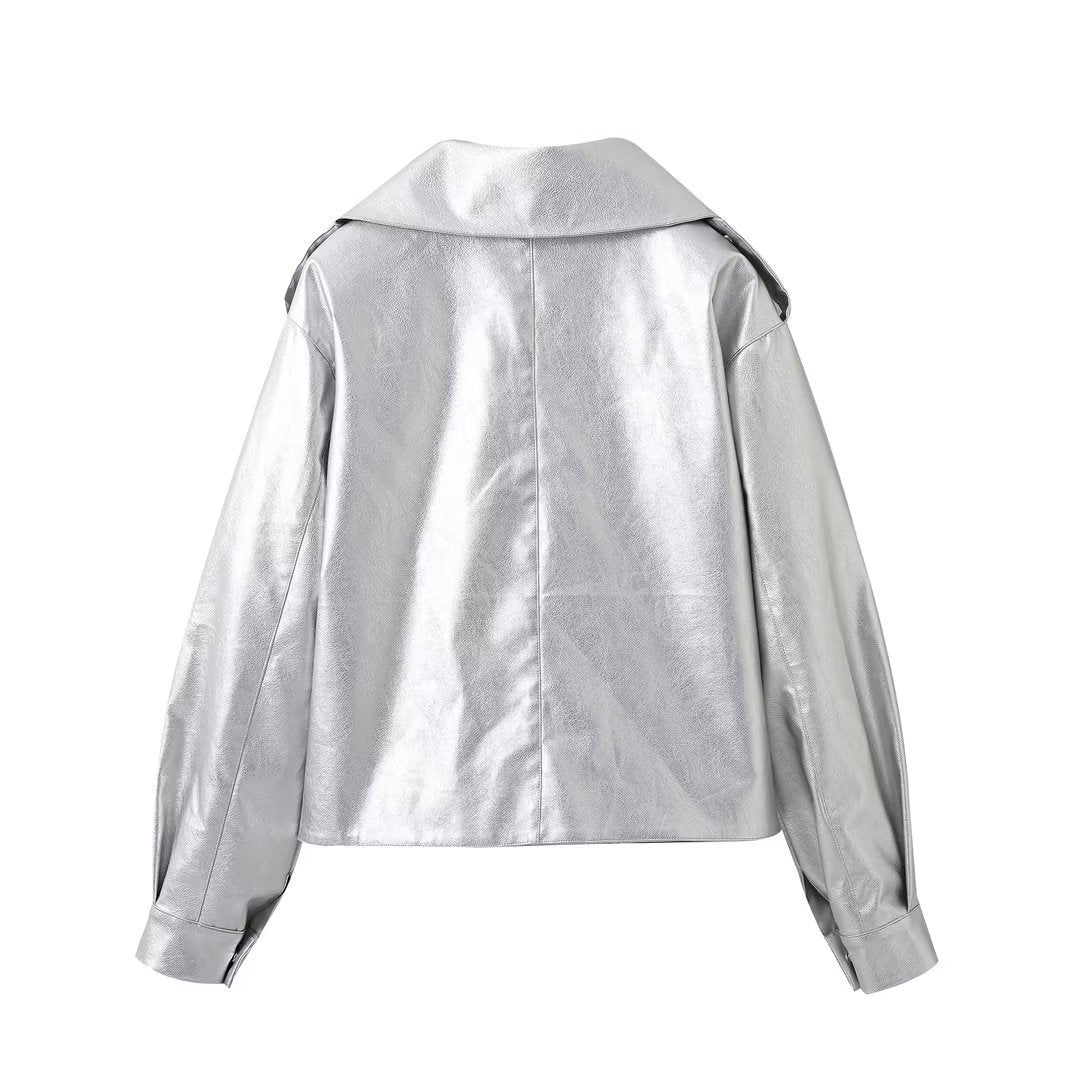 Vireous Women's Glam Shimmering Silver Retro Leather Jacket