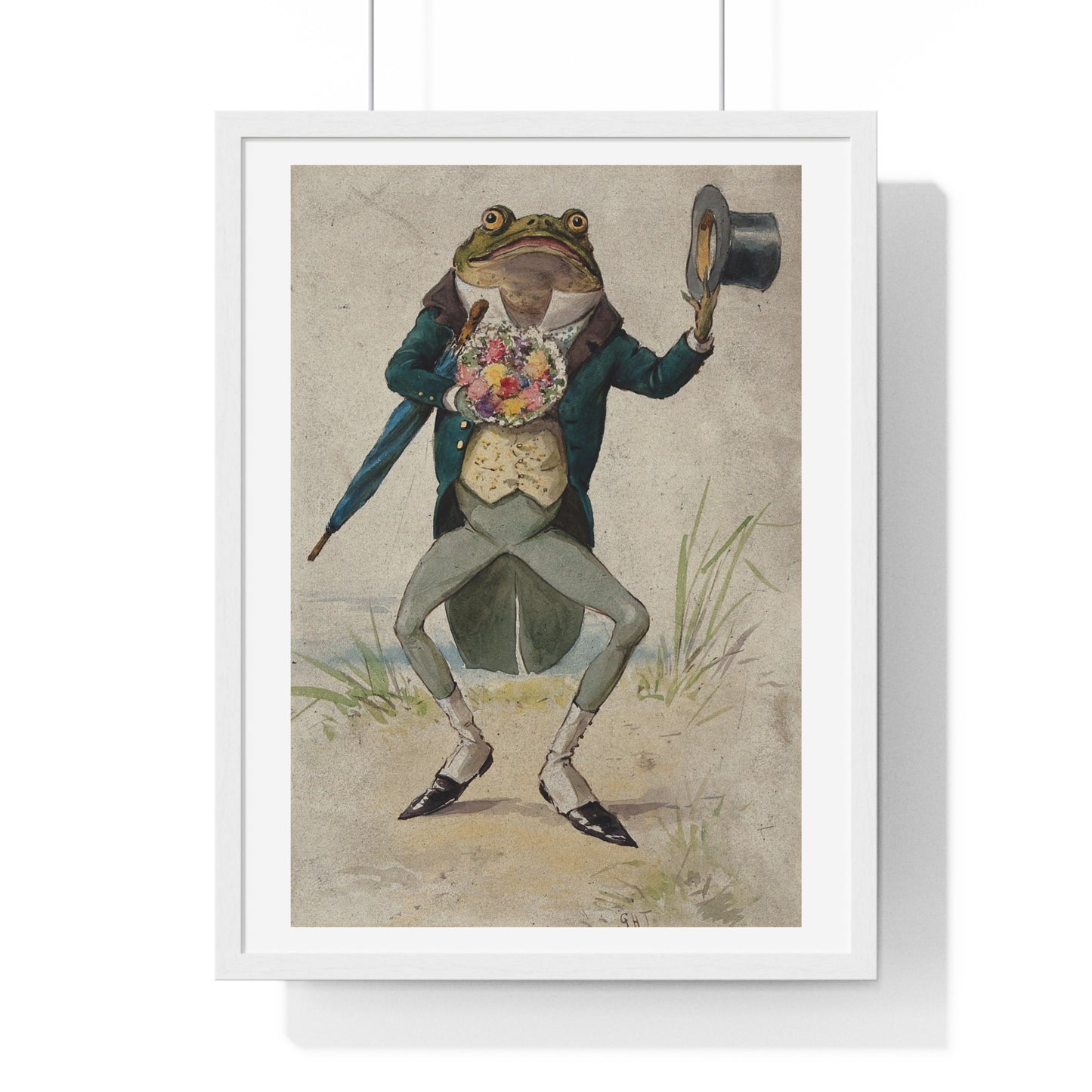 A Toad in Morning Dress, Holding an Umbrella and a Bunch of Flowers, by G Hope Tait (1900) from the Original, Framed Print