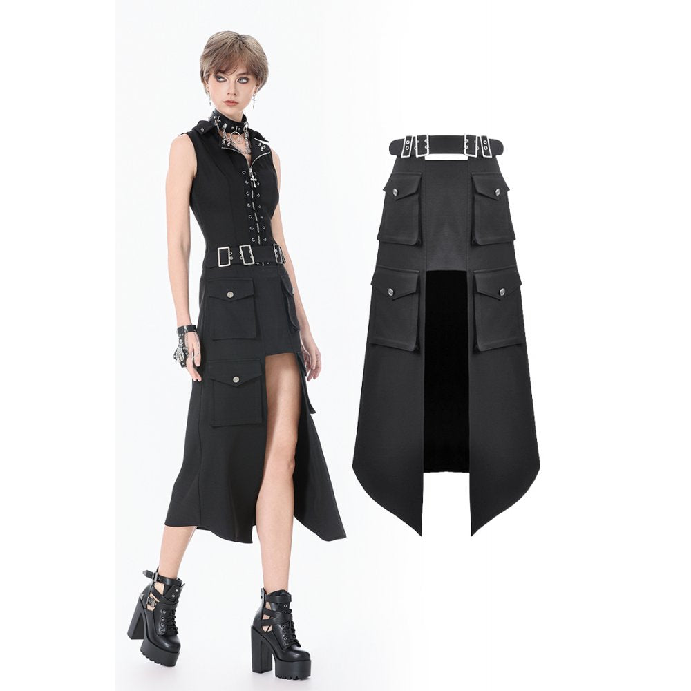 Dark in Love Punk Layered-Pocket Cutout Belted Long Skirt
