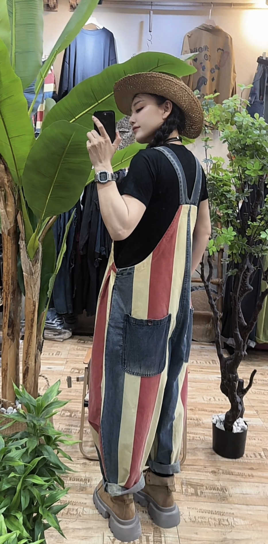 Vintage Stripe Suspender Pants, Women's Loose Cotton Denim Jumpsuit