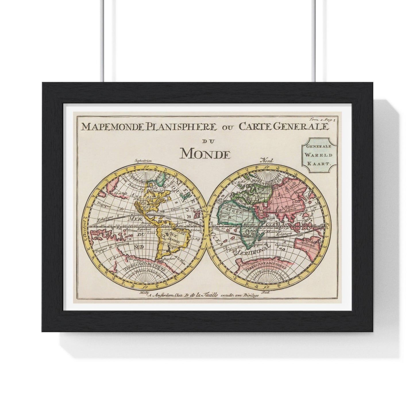 Wereldkaart Mapemonde, Planisphere ou Carte Generale du Monde (1735) by Daniel de Lafeuilledelete, from the Original, Framed Art Print