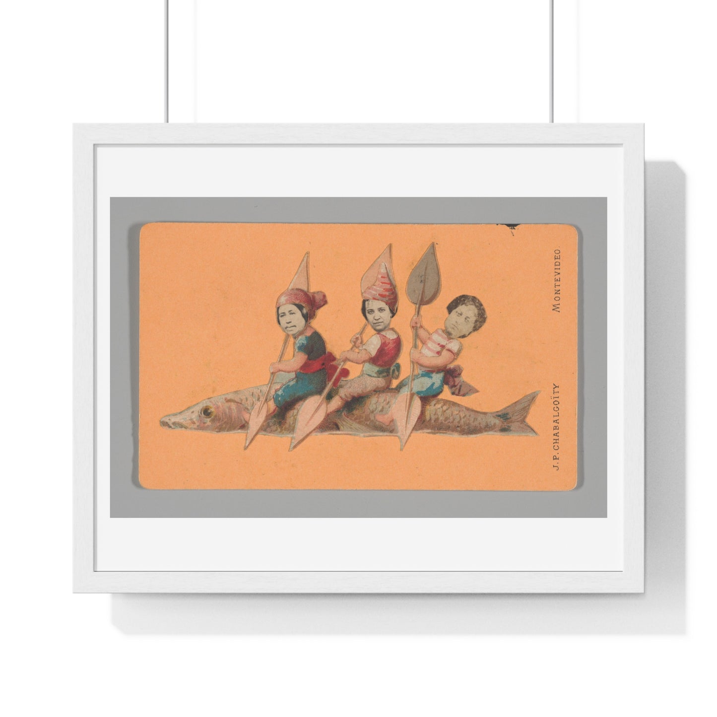 Uruguayan Photo Collage, Three People Holding Oars, Sitting on a Large Fish (circa 1875) Framed Art Print