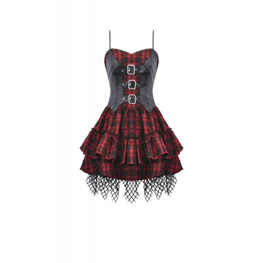 Dark in Love Red-Black Plaid Leather-Layered Punk Sweetcore Dress