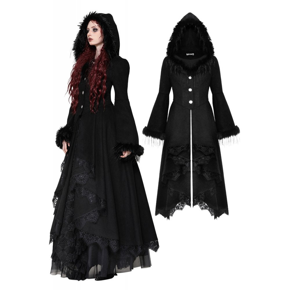 Dark in Love Eira Lace and Faux Fur-Trimmed Hooded Coat