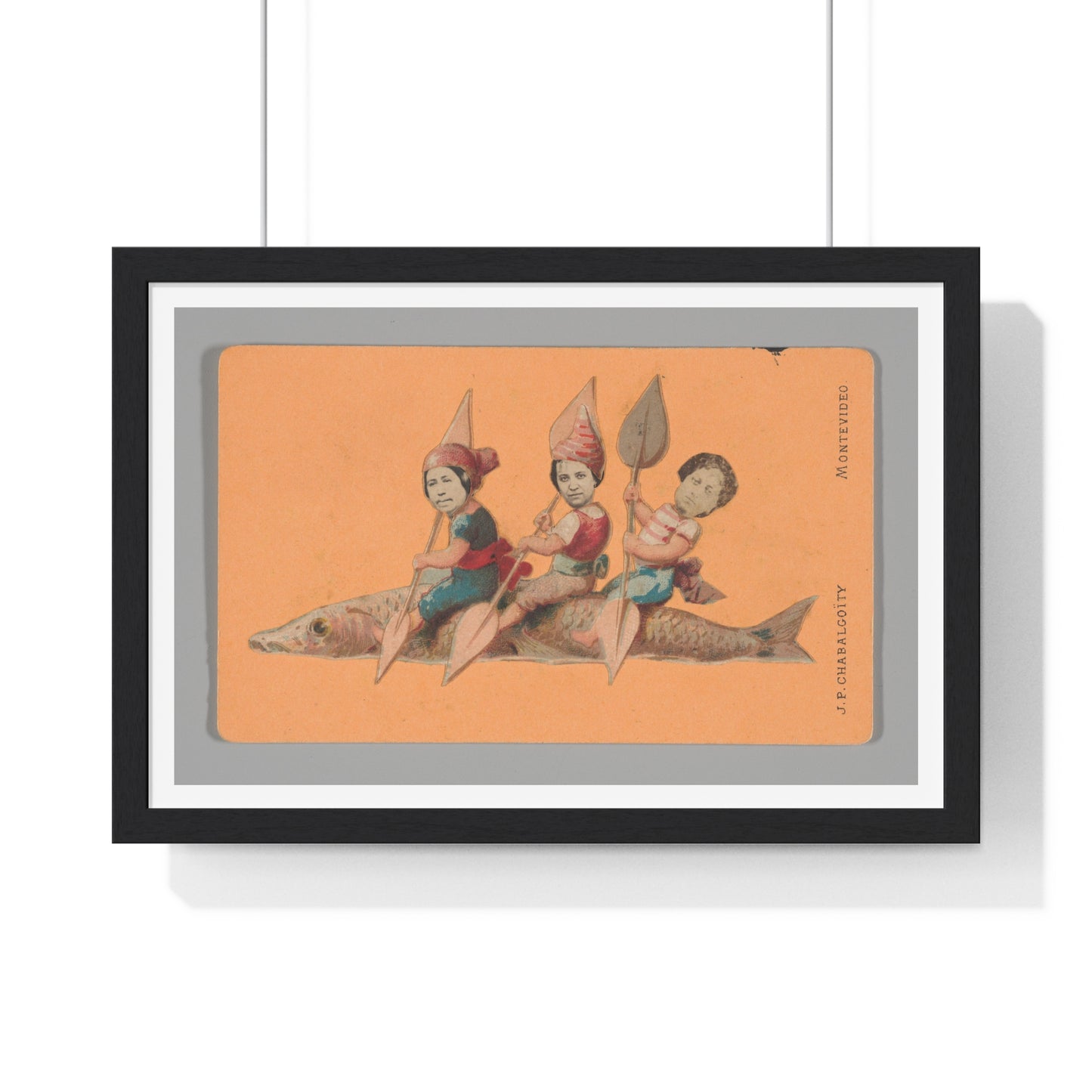 Uruguayan Photo Collage, Three People Holding Oars, Sitting on a Large Fish (circa 1875) Framed Art Print