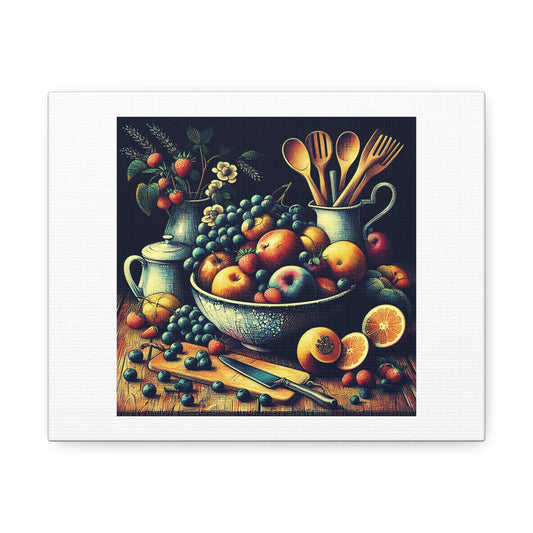 Bowl of Fruit Still Life Pointillist Style Art Print 'Designed by AI' on Satin Canvas