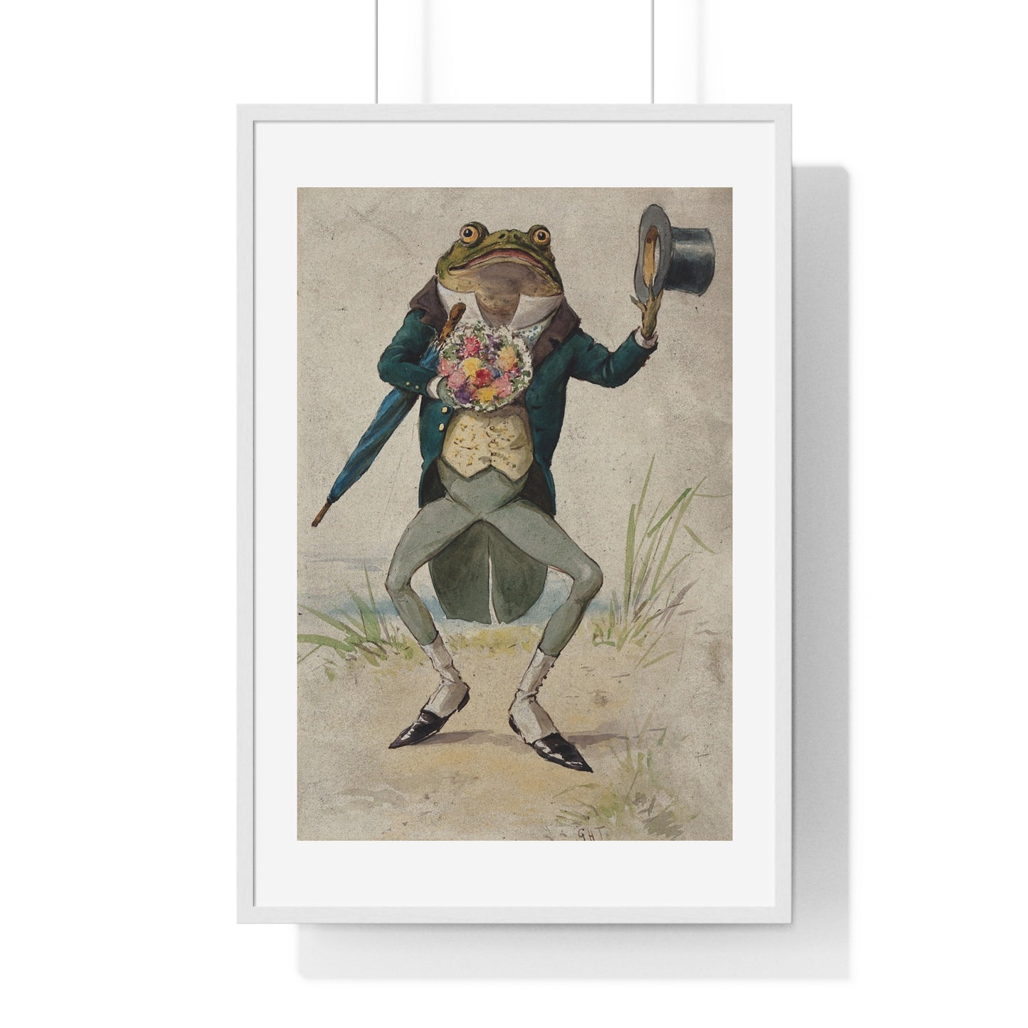 A Toad in Morning Dress, Holding an Umbrella and a Bunch of Flowers, by G Hope Tait (1900) from the Original, Framed Print