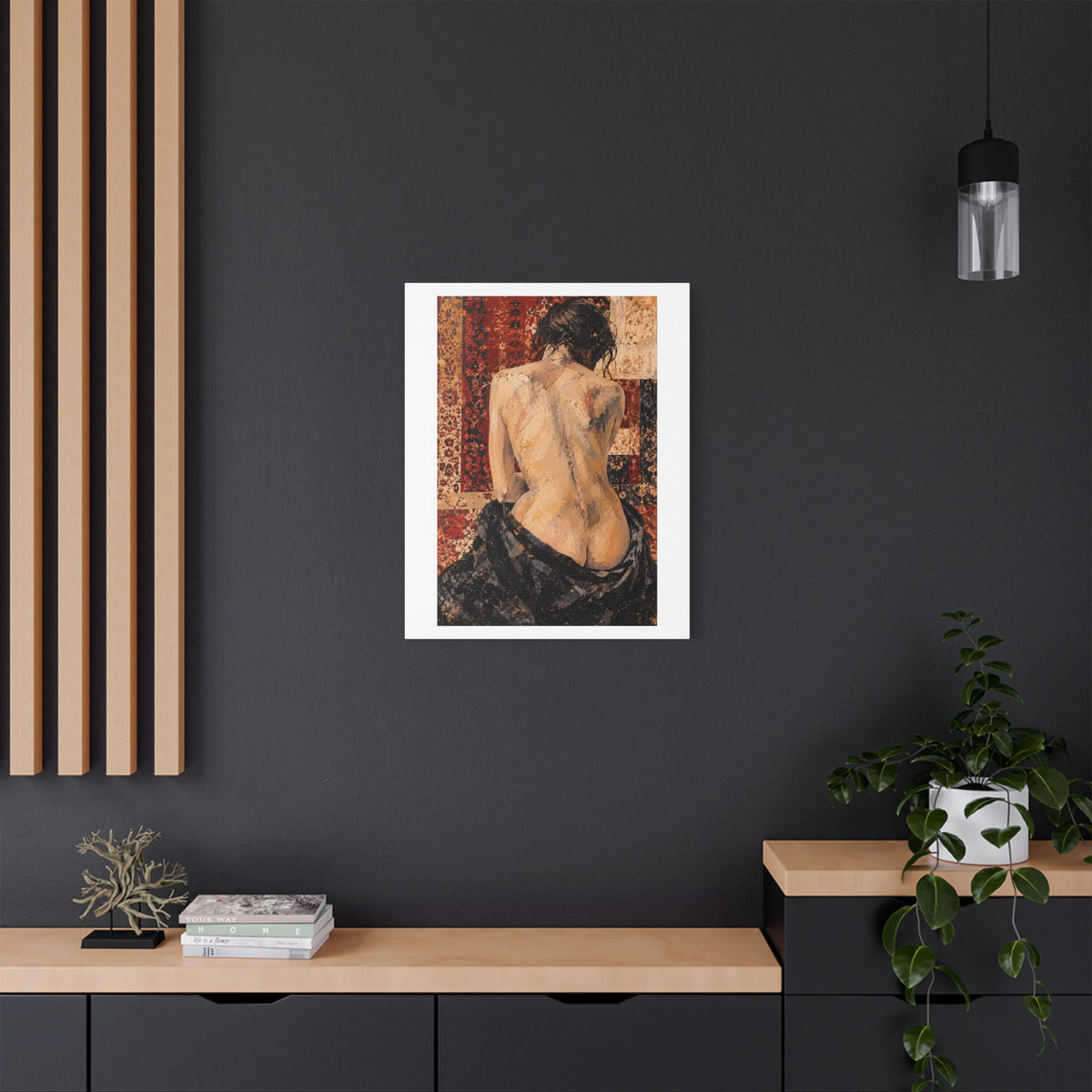 Textured Tapestry Portrait from Behind, Art Print on Satin Canvas, Stretched