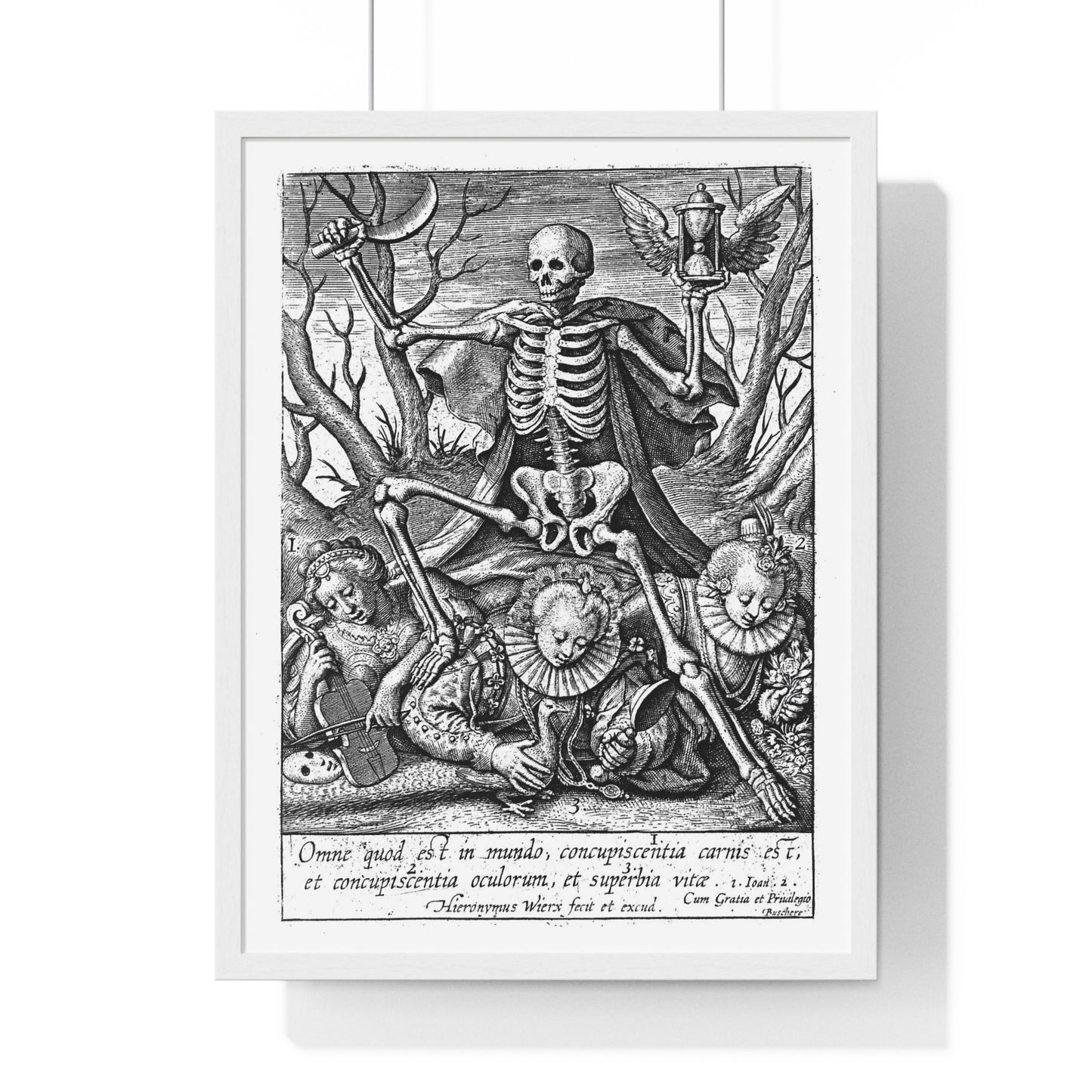 Death Tramples on Three Female Allegorical Figures Representing Sensual Pleasures, Etching by Hieronymus Wierix, Vintage Framed Print