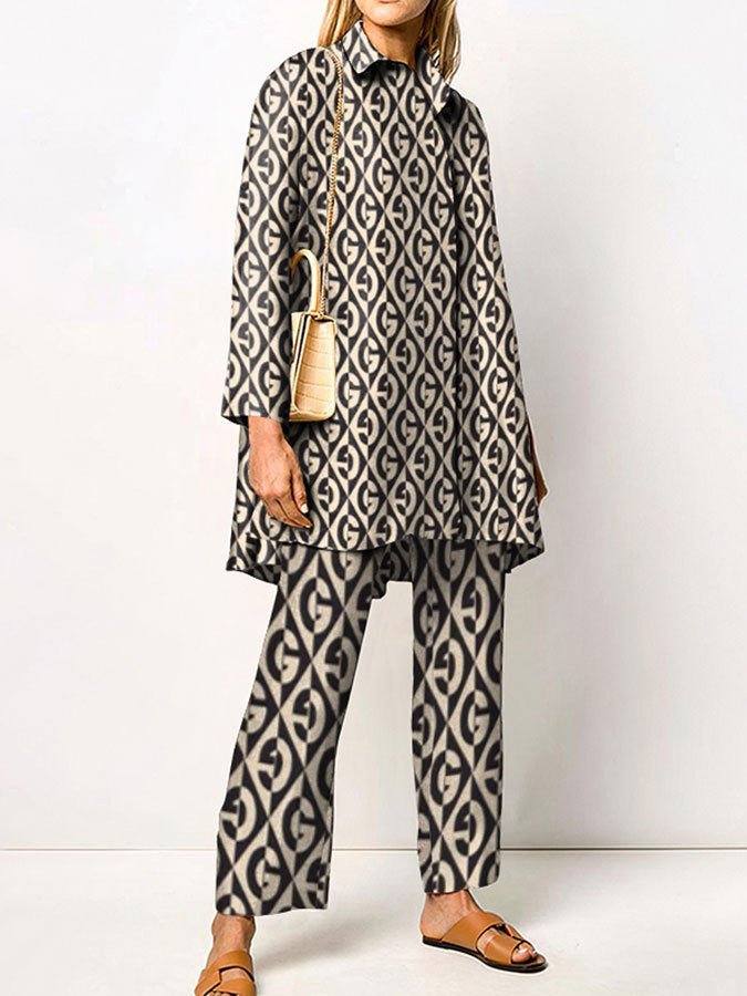 Women's Long-Sleeve Bold Print Barbarella-Style Two-Piece Trouser Suit