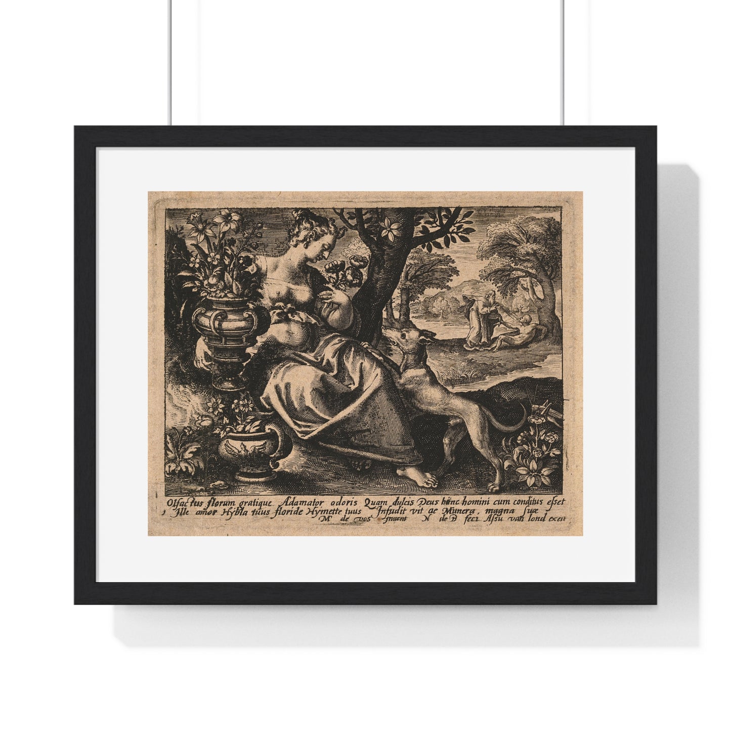 Woman in a Garden with Flowers, God Blows Spirit into Adam's Body, Reproduction Flemish Engraving, Framed Art Print
