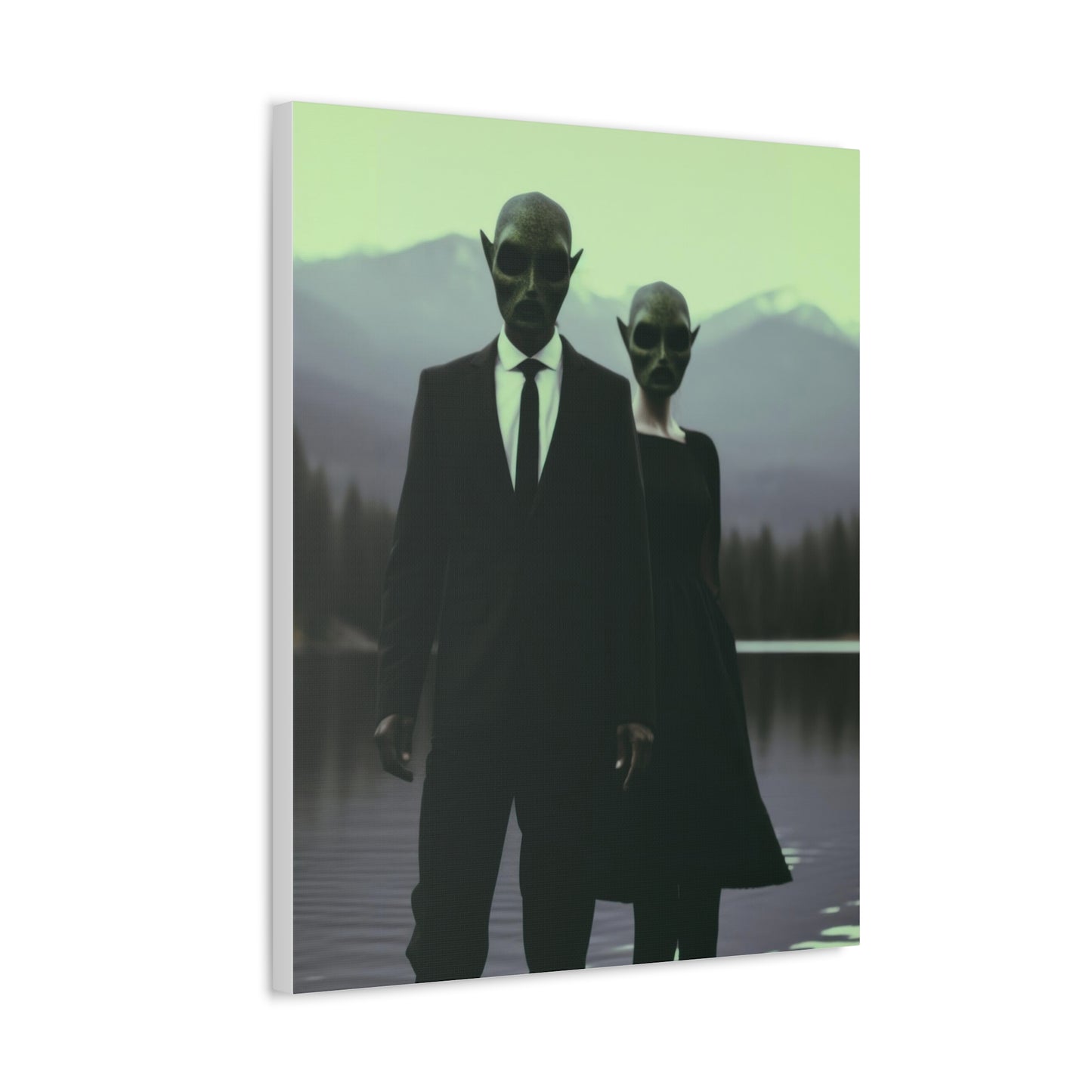 Couple Wearing Alien Mask, Sunglasses Photorealism in Silhouette 'Designed by AI' Art Print on Canvas