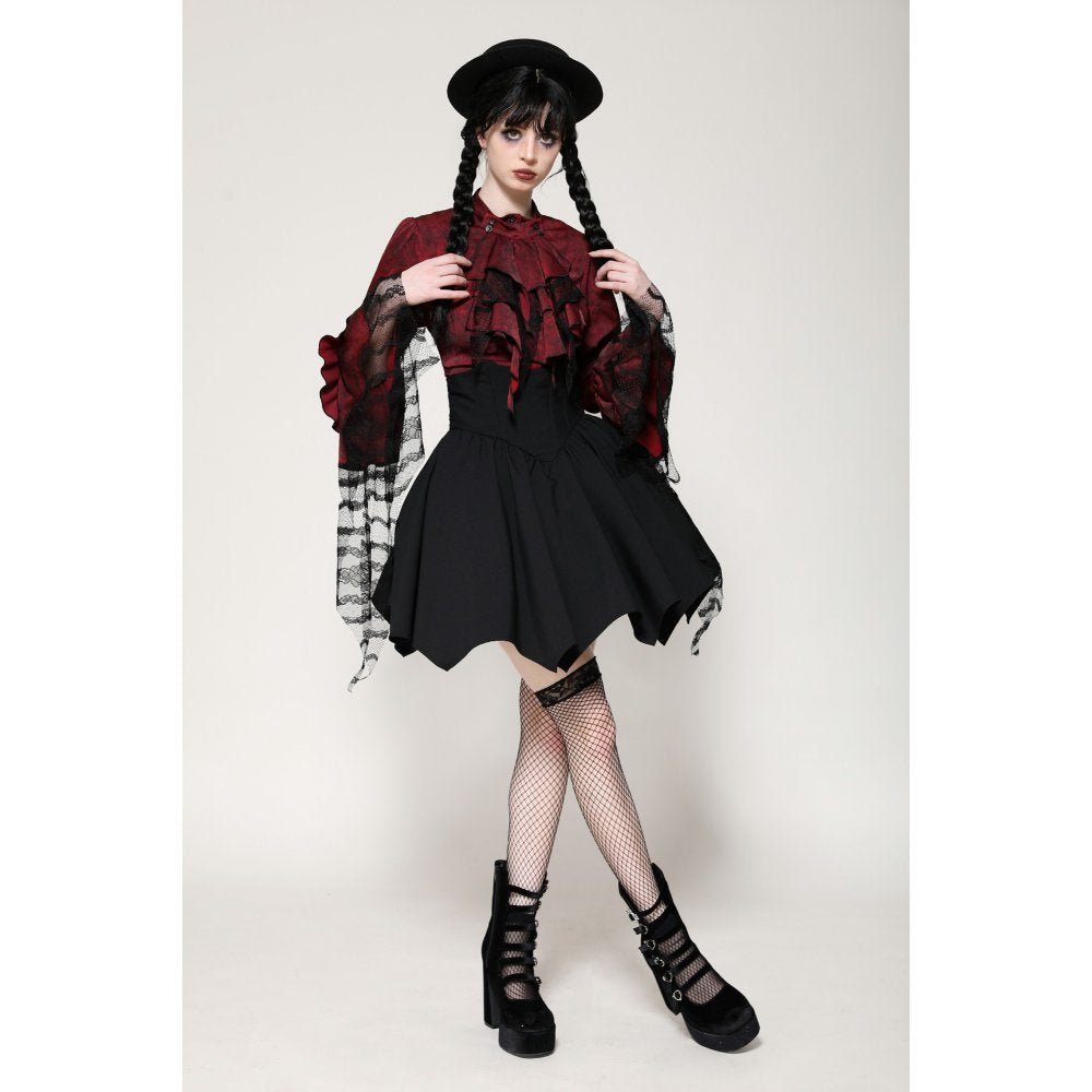 Dark in Love Vampiretta Red Distressed-Effect Frilly Blouse