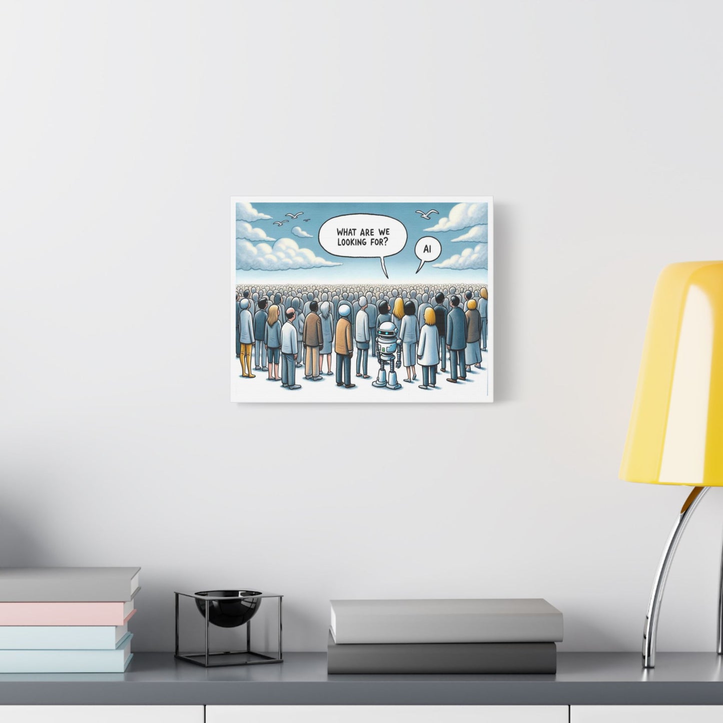 Looking for the Benefits of AI, Cartoon Art 'Designed by AI' Print on Canvas
