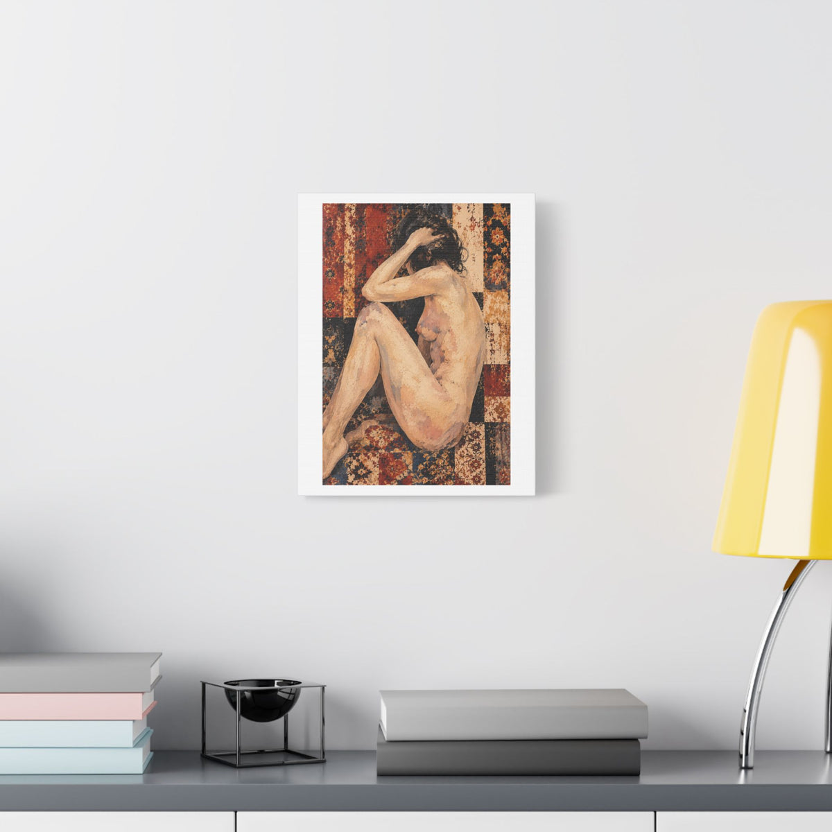 Textured Contemplative Figure Against Ornate Tapestry, Art Print on Satin Canvas, Stretched