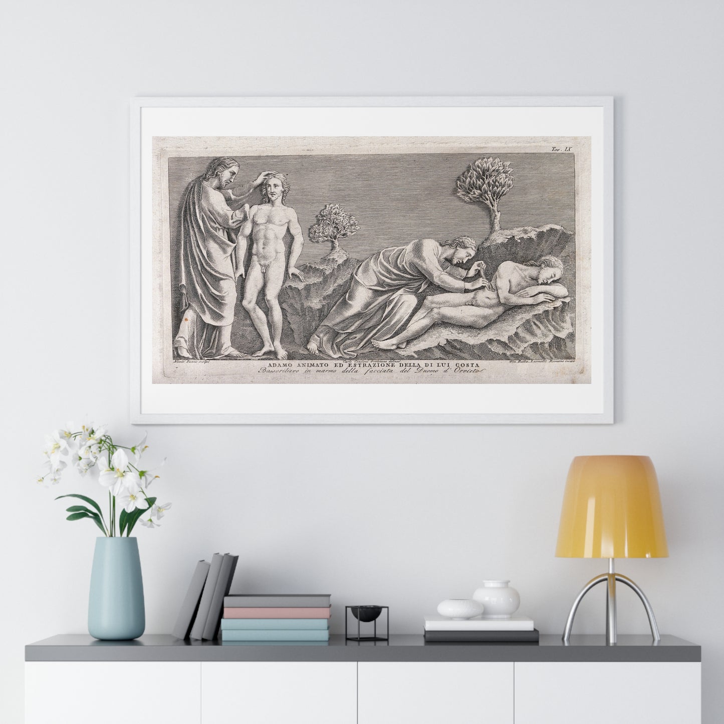 God Animates Adam and Operates on his Rib, Etching by Giovanni Leonetti after Carlo Cencioni after Nicola Pisano, Framed Print